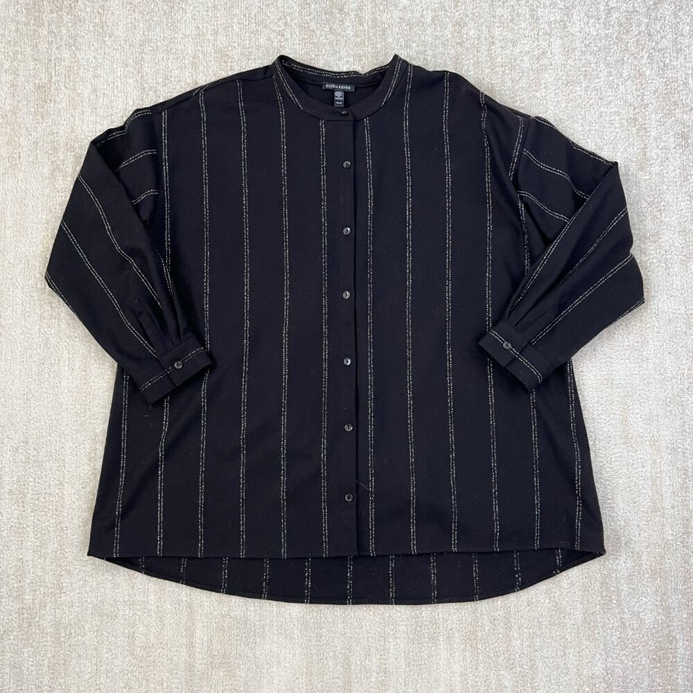 Eileen Fisher Black Wool Long Sleeve Button Up Blouse Shirt Top XL